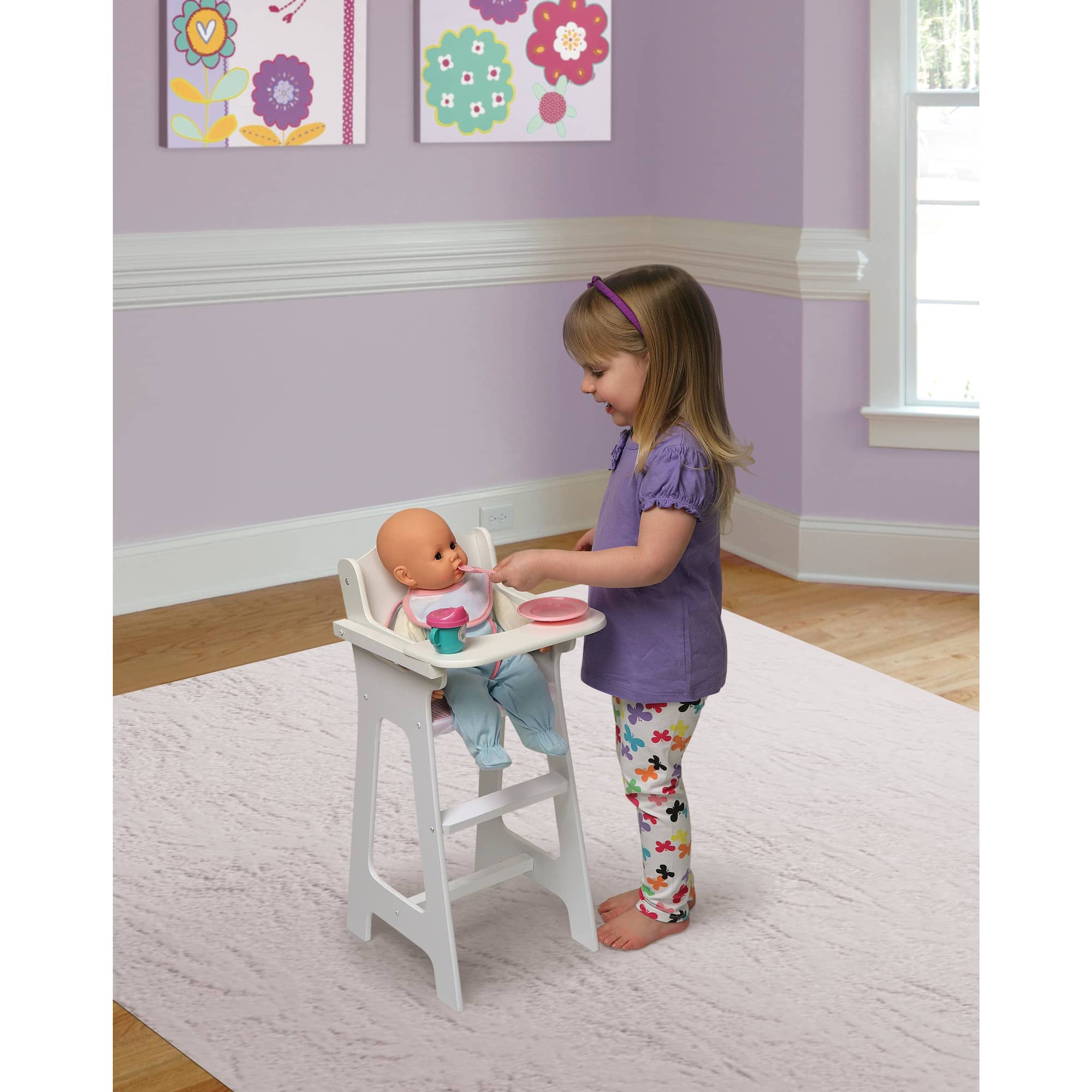 Badger Basket White & Pink Gingham Doll High Chair with Accessories